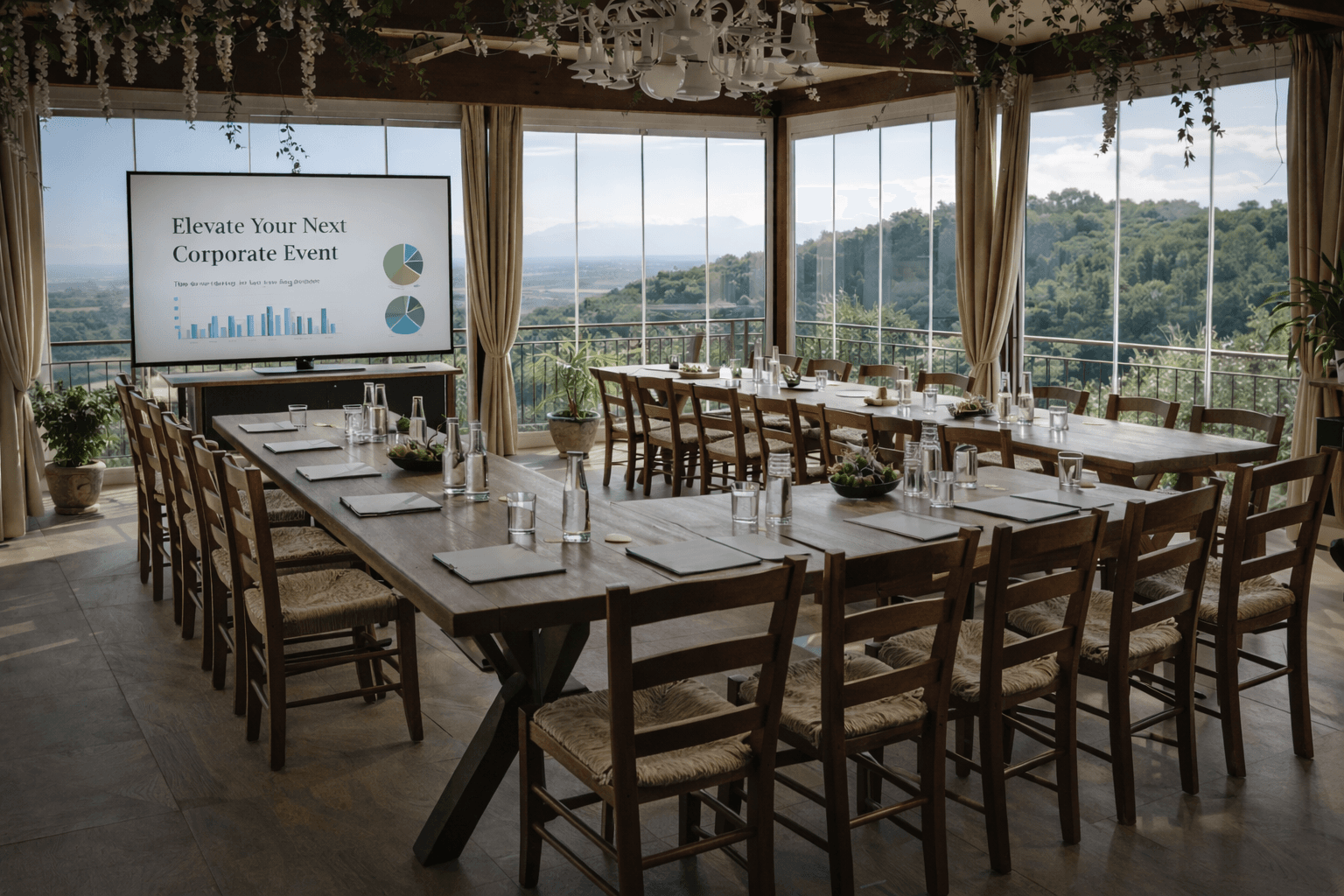 Corporate team retreat at Aura Toscana with collaborative workspace setup in natural outdoor setting