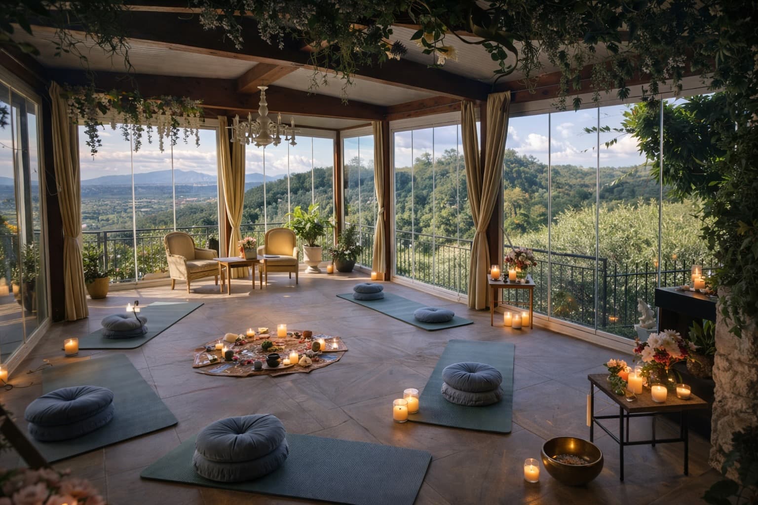 Wellness retreat at Aura Toscana featuring yoga session at sunrise on outdoor deck overlooking Tuscan hills